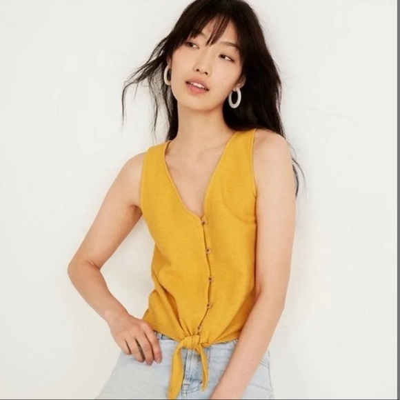 Madewell Mustard Yellow Ribbed Button Front Tie Tank Top Sz XS - Picture 1 of 10